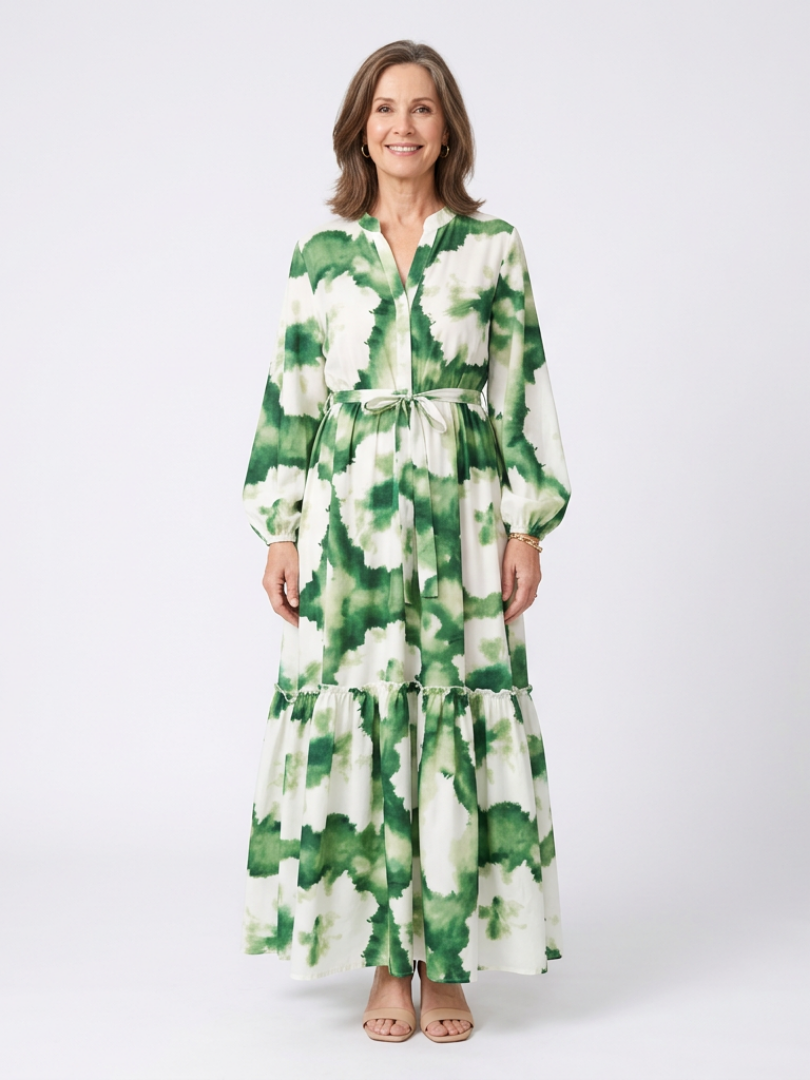 Long sleeve tie-waist tiered maxi dress with green and white floral pattern