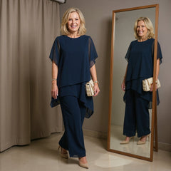 Navy draped palazzo pants suit with layered cape tunic and wide-leg pants