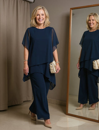 Navy draped palazzo pants suit with layered cape tunic and wide-leg pants