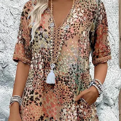 Floral midi dress with V-neck, button front, short sleeves and tassel trim (beige)