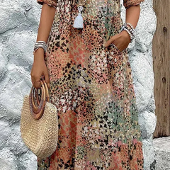 Floral midi dress with V-neck button placket, short sleeves and tassel trim (beige mix)
