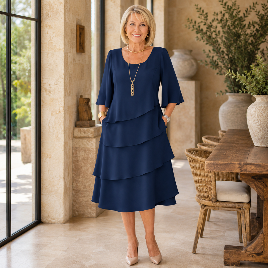 Navy blue tiered ruffle dress with three-quarter sleeves and layered skirt
