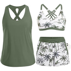 Green tropical swim set with crisscross cutout tank, palm-print bra, drawstring shorts