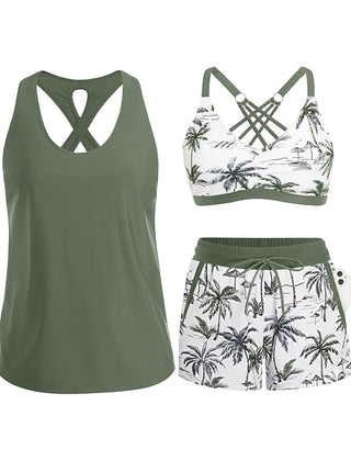 Green tropical swim set with crisscross cutout tank, palm-print bra, drawstring shorts