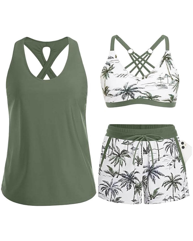 Green tropical swim set with crisscross cutout tank, palm-print bra, drawstring shorts