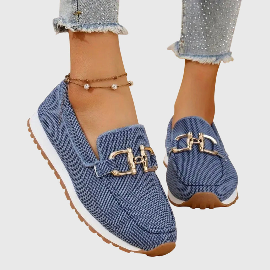 Blue mesh orthopedic loafers with gold buckle ornament and treaded sole