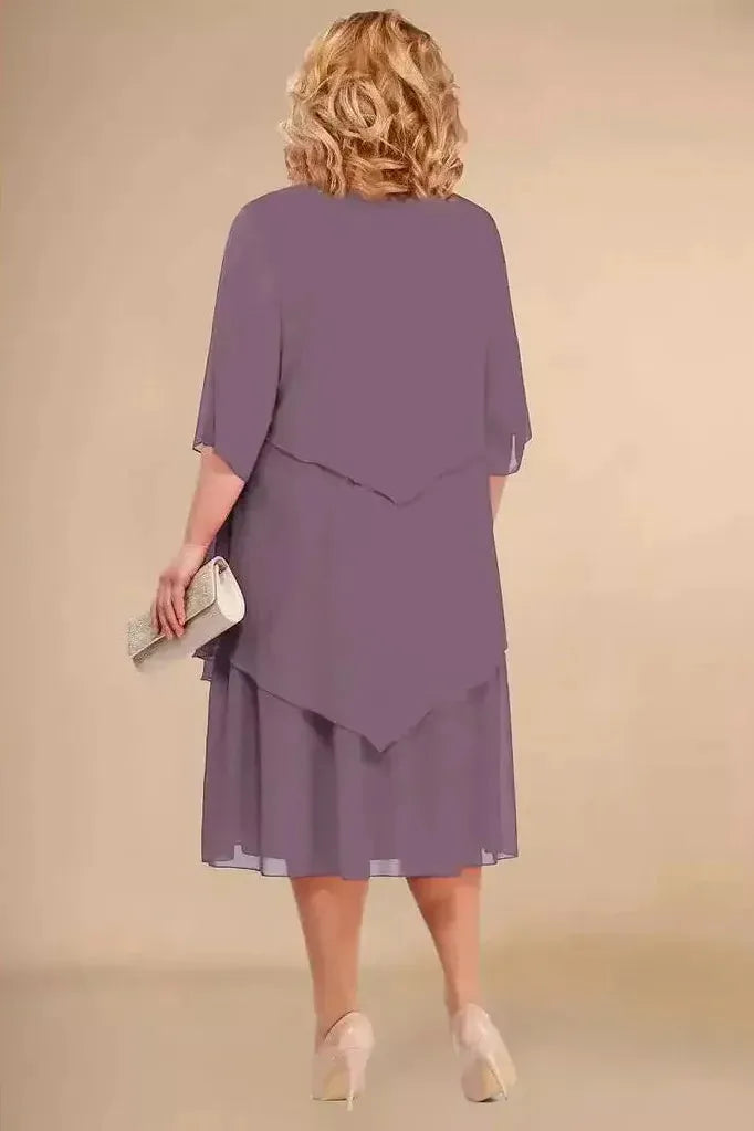 Tummy-covering dress in light purple, back view, layered asymmetrical hem, loose fit
