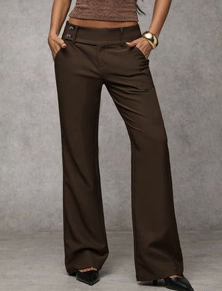 Dark brown high-rise wide-leg trousers with button closure and belt loops