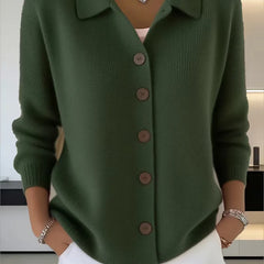 Dark green button-front knit cardigan with point collar and dark buttons, long sleeves