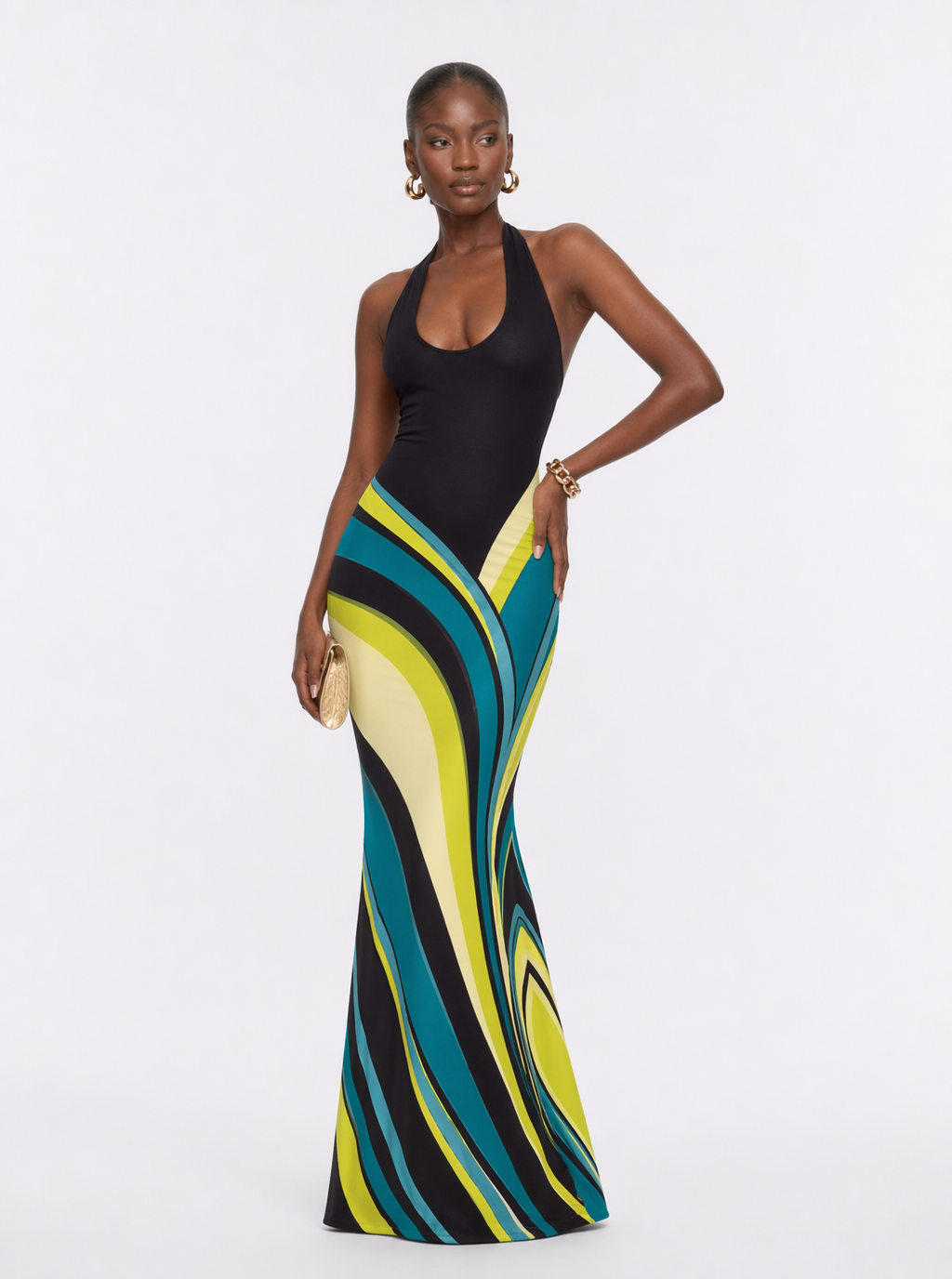 Halter maxi dress with black bodice and green/yellow/teal geometric stripe skirt