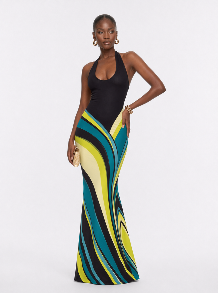 Halter maxi dress with black bodice and green/yellow/teal geometric stripe skirt