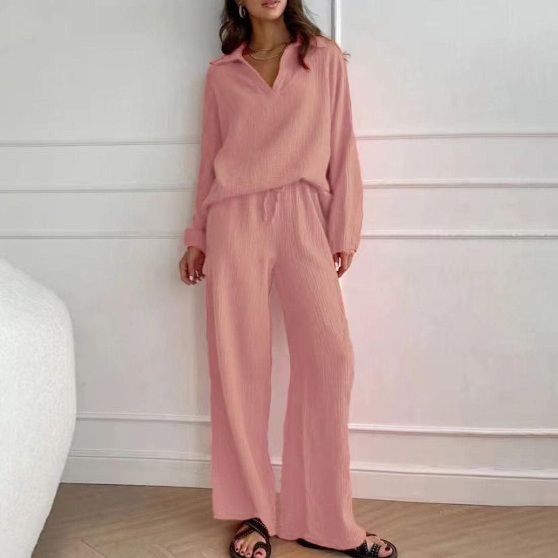 Dusty pink V-neck long-sleeve blouse and matching wide-leg pants set