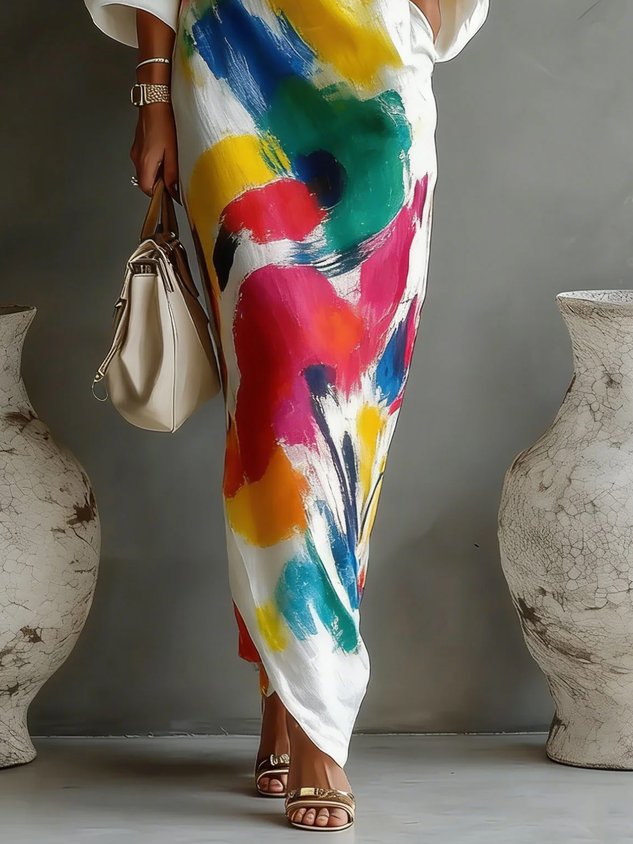 Danella™ one-shoulder maxi dress in white with multicolor abstract paint print, ankle length