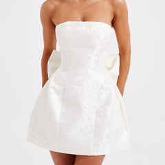 White strapless jacquard mini dress with textured fabric and flared A-line skirt