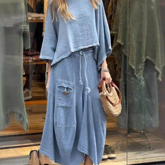 Sabrina set in light blue: draped tunic top with loose fit and maxi skirt with patch pockets