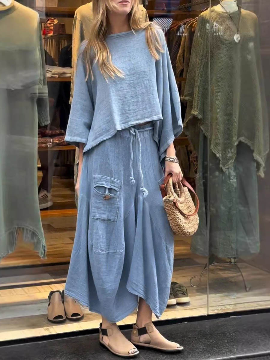 Sabrina set in light blue: draped tunic top with loose fit and maxi skirt with patch pockets