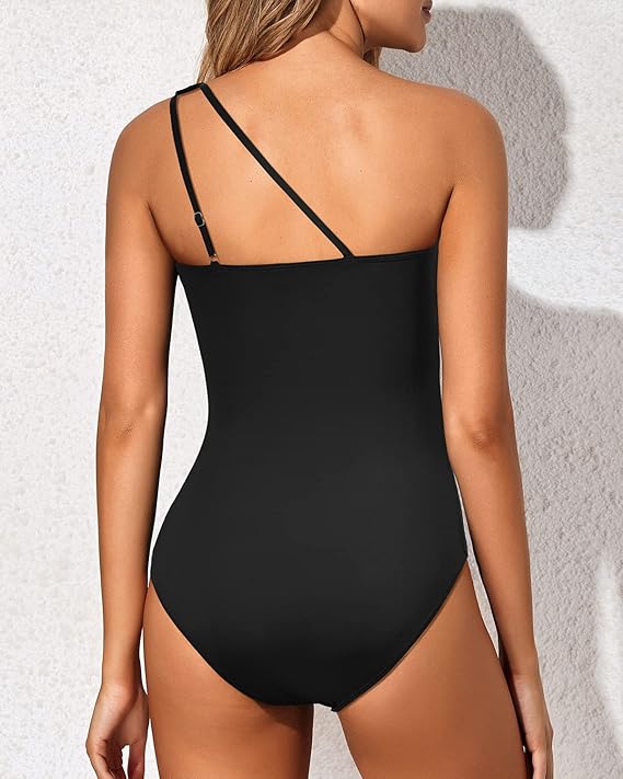 Black one-piece swimsuit back with crisscross adjustable straps
