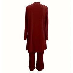 Burgundy 3-piece lounge set with long tunic and wide-leg pants, back view