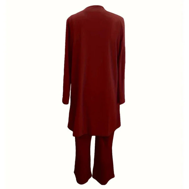 Burgundy 3-piece lounge set with long tunic and wide-leg pants, back view