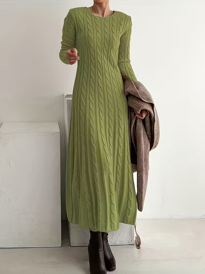 Venessa™ elegant maxi dress in green cable-knit, long sleeves, round neck