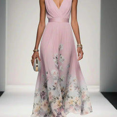 Pink sleeveless V-neck floral wedding guest dress with draped waist and full skirt