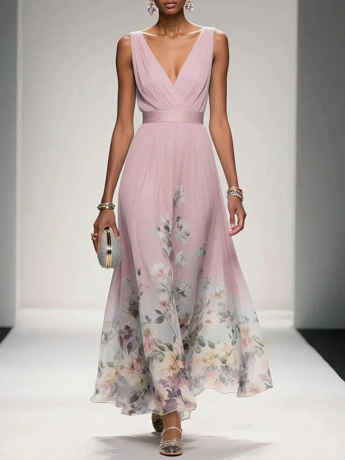 Pink sleeveless V-neck floral wedding guest dress with draped waist and full skirt