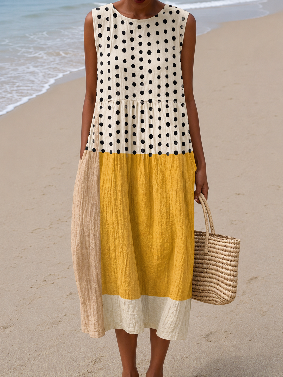 Sleeveless midi dress with black polka dots, mustard and cream colorblock tiers