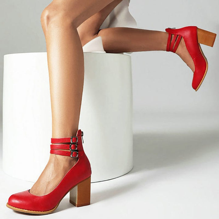 Red triple-buckle ankle strap heels with block heel and open toe style