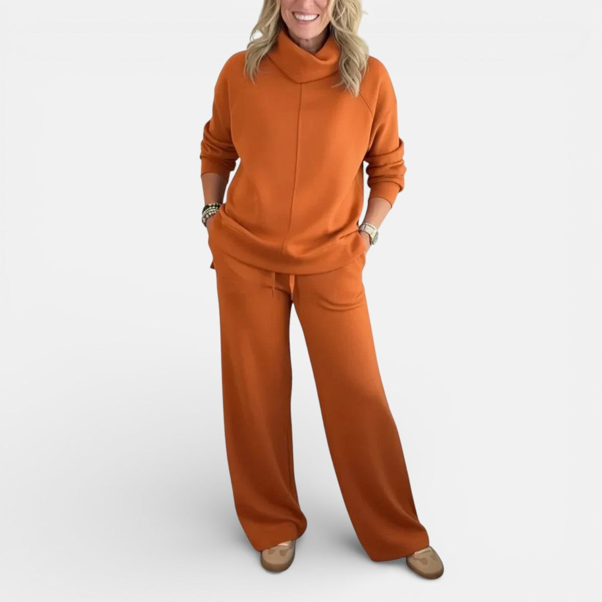 Orange hooded two-piece lounge set: long-sleeve top and wide-leg pants