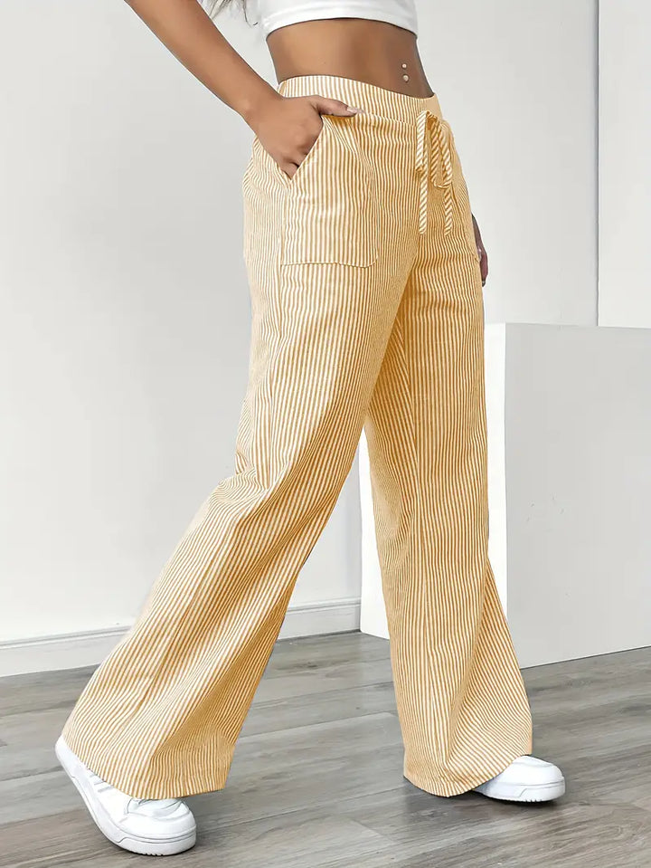 Elise™ yellow pinstripe wide-leg pants, drawstring waist, front pockets