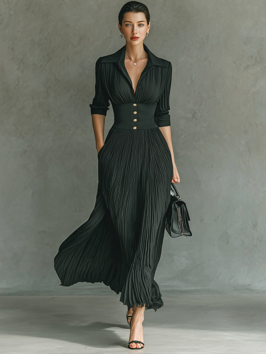 Pleated maxi dress in black, V-neck with button-front, 3/4 sleeves