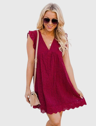 Burgundy sleeveless V-neck 2-in-1 summer dress with eyelet detail and flared skirt