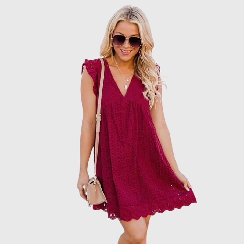 Burgundy sleeveless V-neck 2-in-1 summer dress with eyelet detail and flared skirt