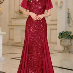 Red sequin satin dress, V-neck, short flutter sleeves, sparkly fitted bodice, flared hem