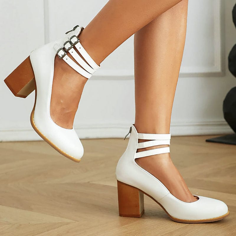 Kallie white heeled mary janes with three buckle straps and block heel