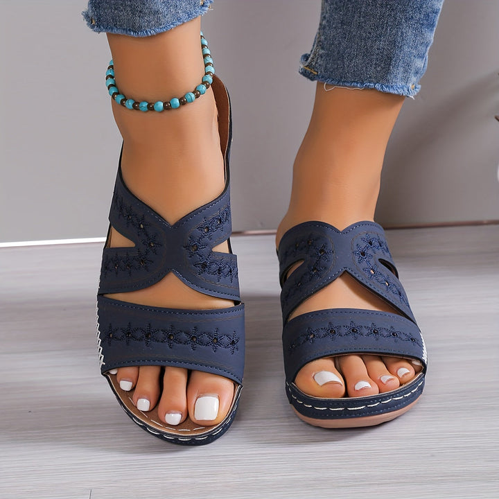 Blue orthopedic casual sandals showing open toe and adjustable side straps