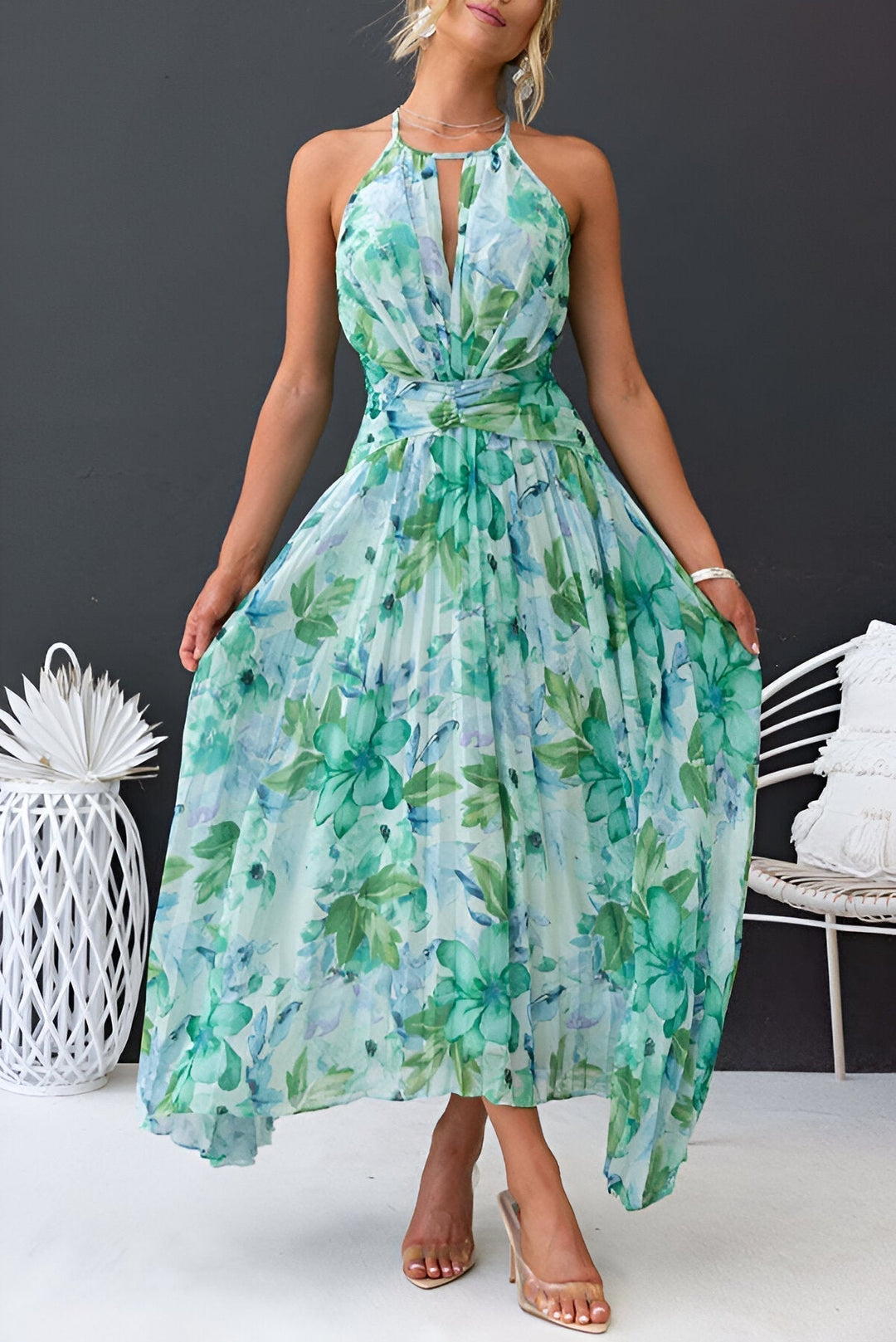 Floral halter midi dress in aqua and teal floral print with cinched waist