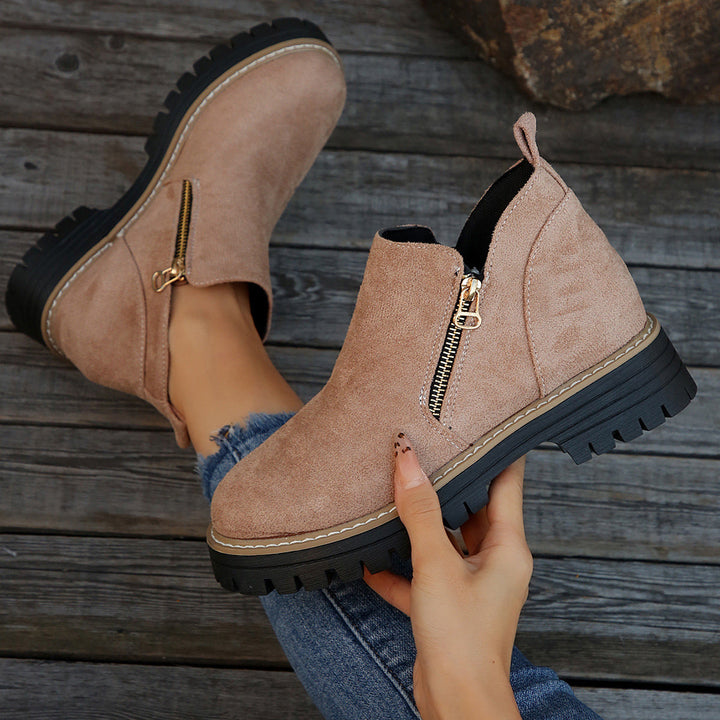Suede ankle boots with side zip and chunky sole, light pink with tan trim