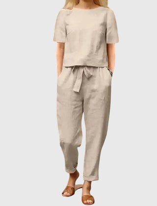 Beige short-sleeve top and jogger pants co-ord set, gathered waist with tie detail