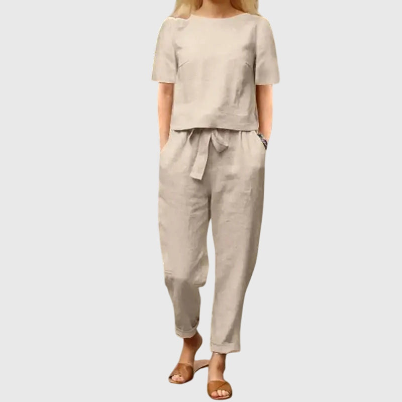 Beige short-sleeve top and jogger pants co-ord set, gathered waist with tie detail