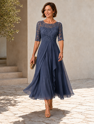 Blue lace midi dress with 3/4 sleeves, fitted bodice and layered chiffon skirt