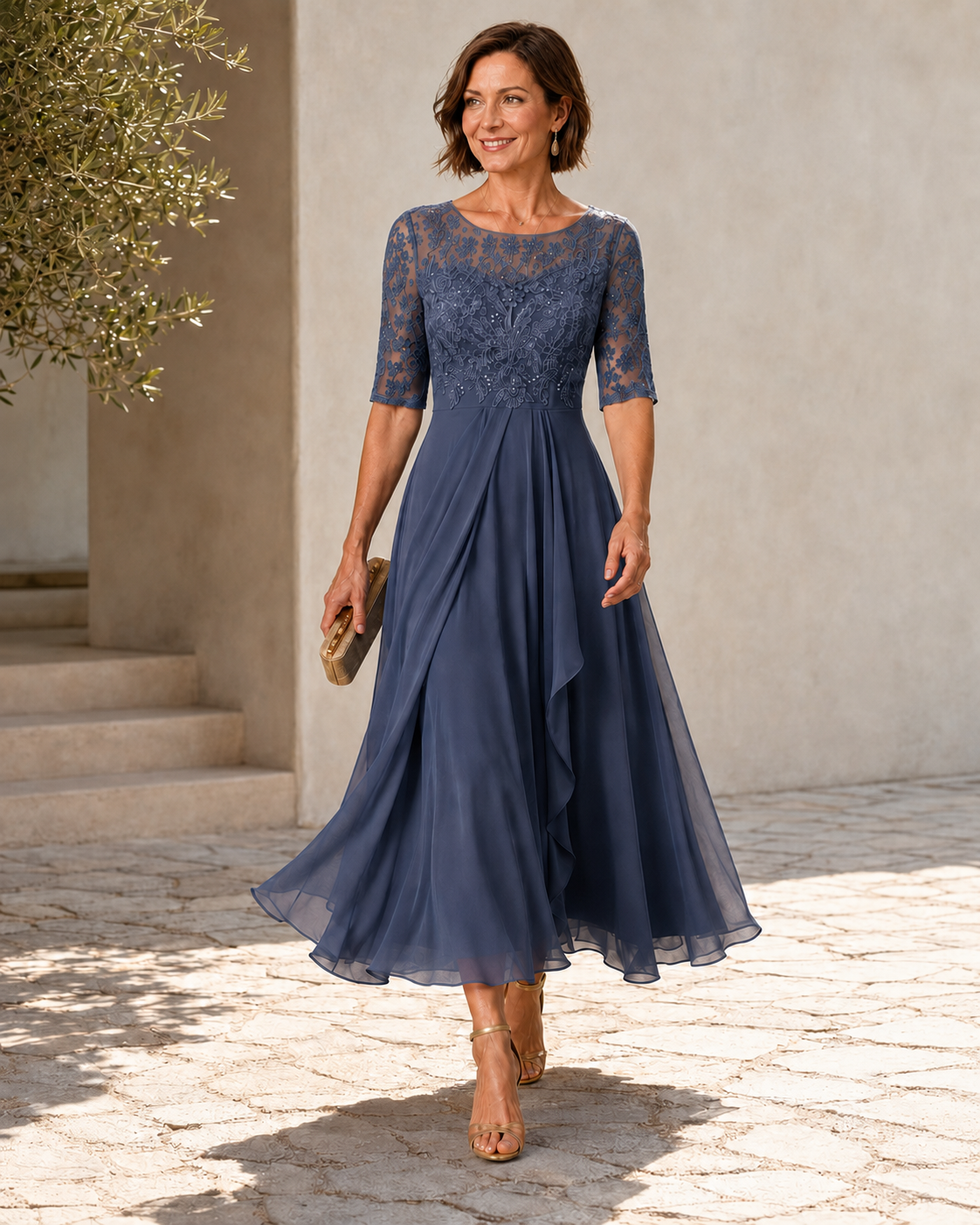 Blue lace midi dress with 3/4 sleeves, fitted bodice and layered chiffon skirt