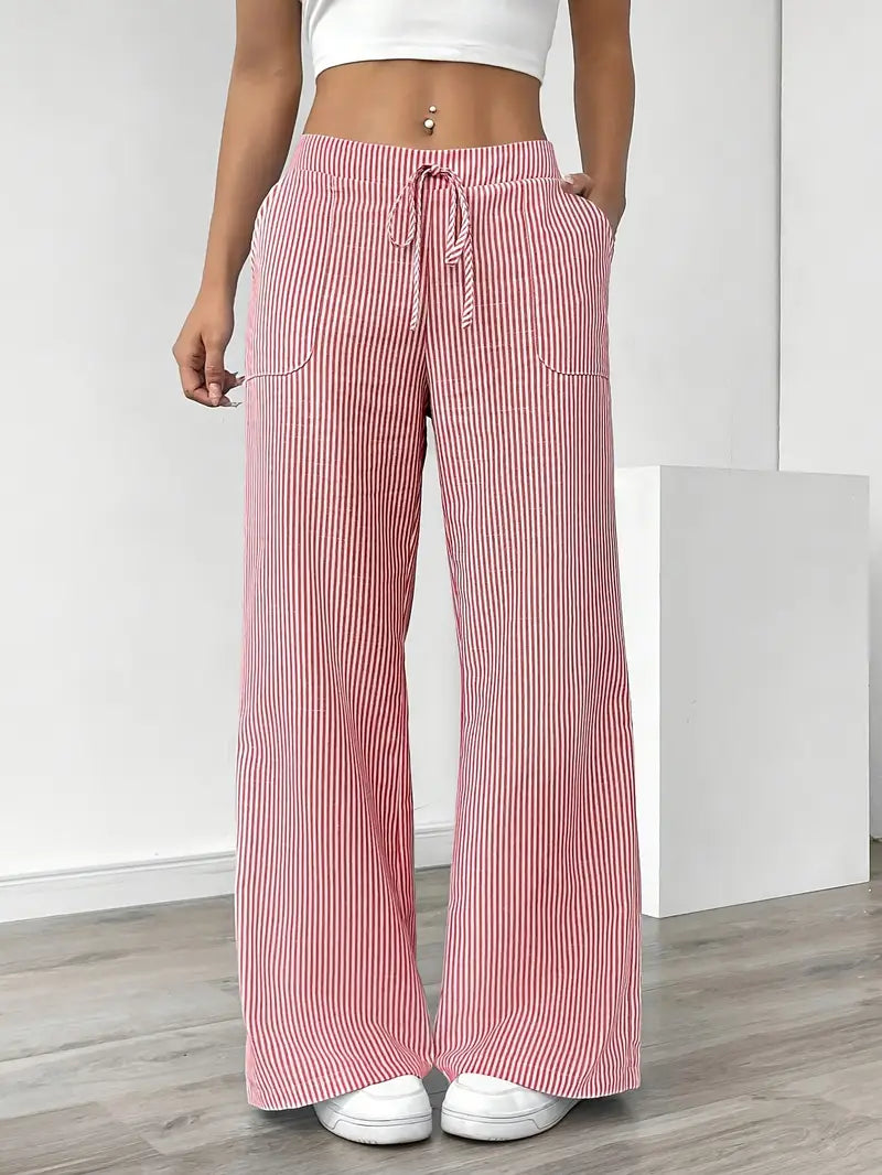 Elise™ pink pinstripe wide-leg pants, elastic waist and drawstring, side pockets