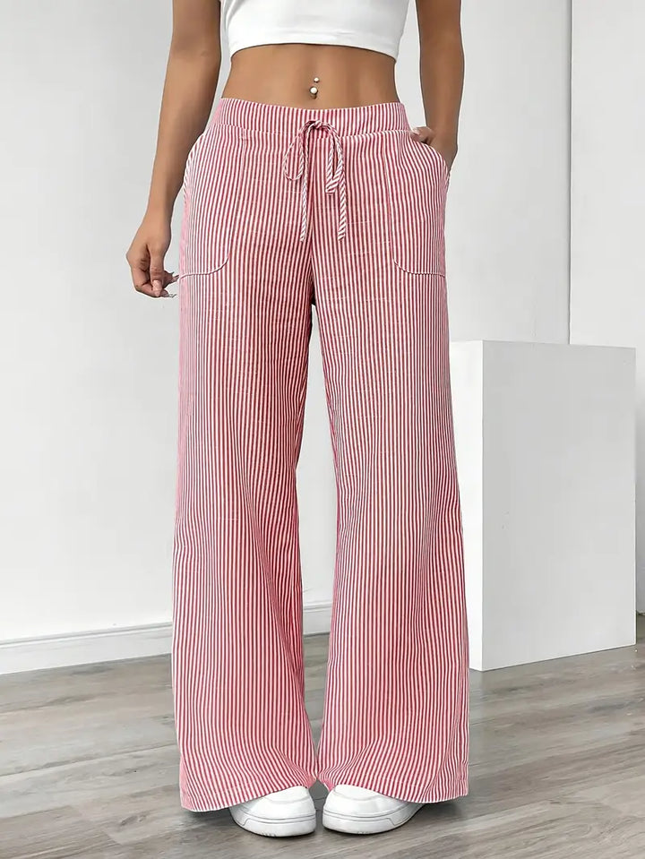 Elise™ pink pinstripe wide-leg pants, elastic waist and drawstring, side pockets