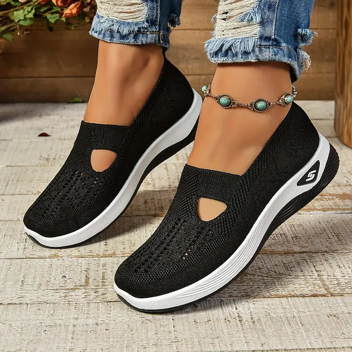 Odelia™ non-slip orthopedic shoes in black knit, slip-on style with side cutouts