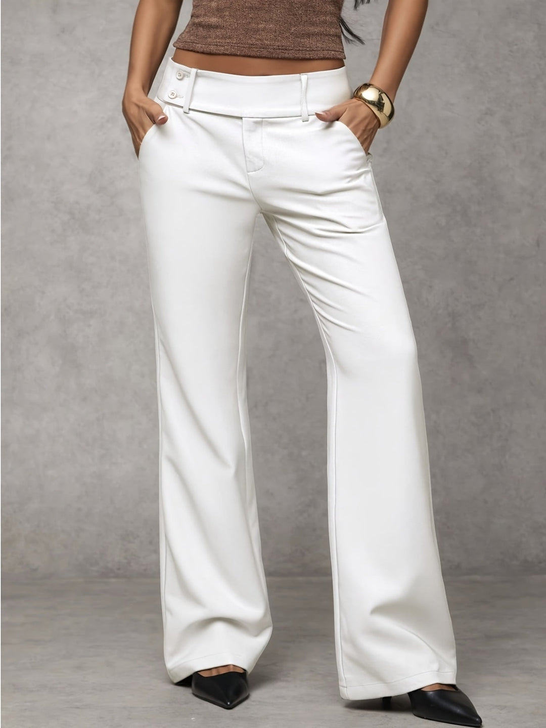 White high-rise wide-leg trousers with button closure and belt loops