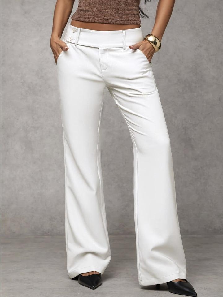 White high-rise wide-leg trousers with button closure and belt loops