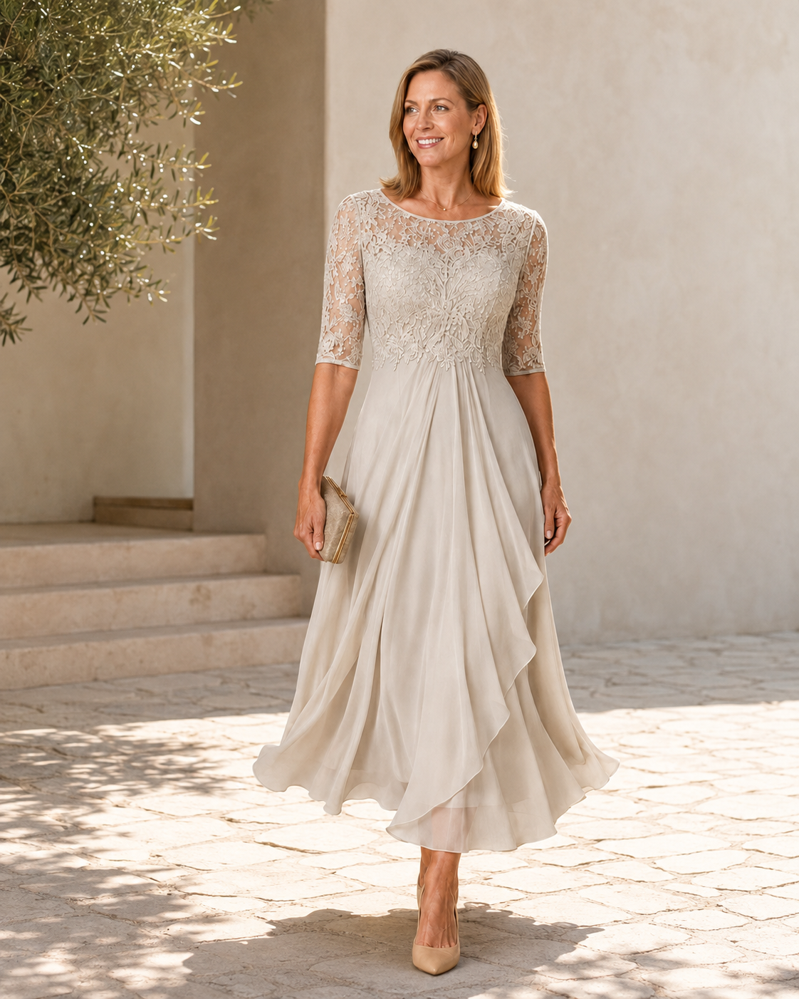 Cream lace midi dress with 3/4 sleeves, lace bodice and asymmetric layered skirt
