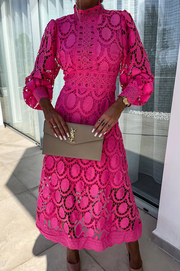 Pink romantic lace dress with long puff sleeves and scalloped lace midi hem.