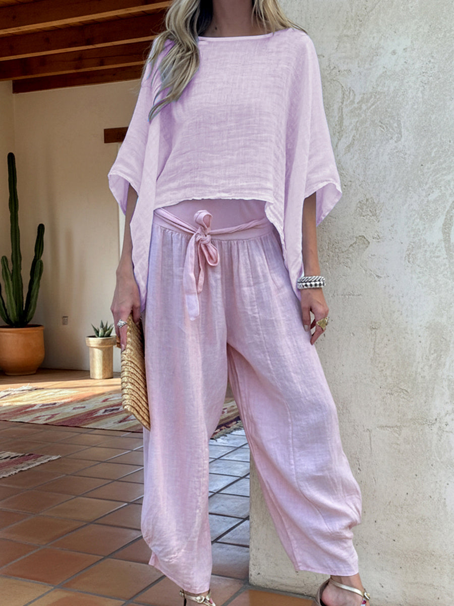 Two-piece lounge set in lavender: loose top and wide-leg drawstring pants